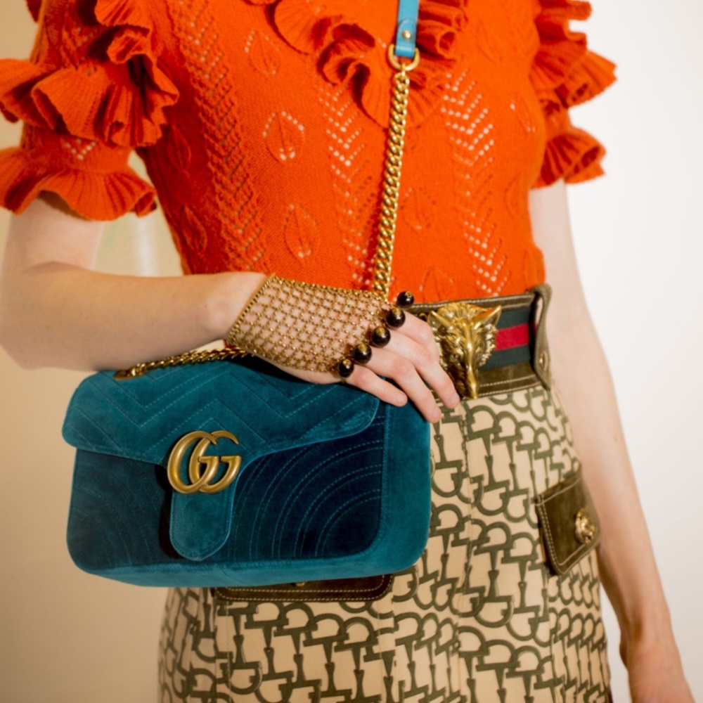 Authentic GUCCI Blue Velvet GG Marmont Shoulder Bag - Picture 9 of 11
